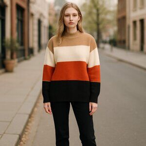 NWT H Halston  Colorblock Mock Neck Sweater in RUSSET COMBO